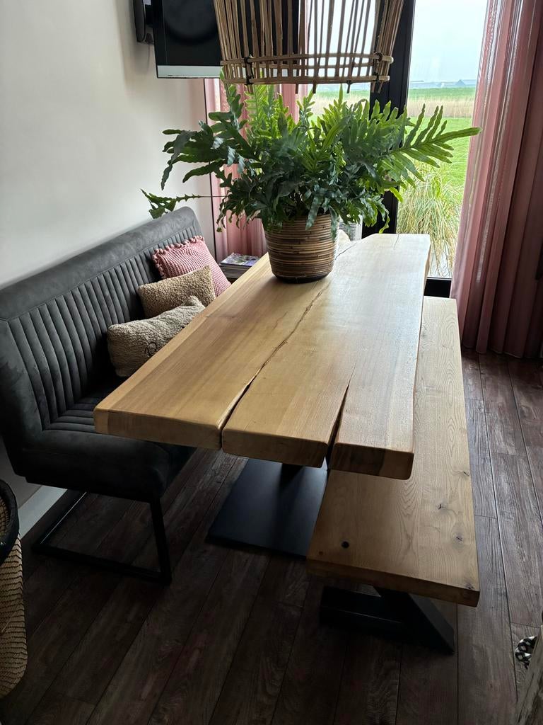 Boomstam Eettafel met 2 banken, Ophalen, Gebruikt, 50 tot 100 cm, 150 tot 200 cm