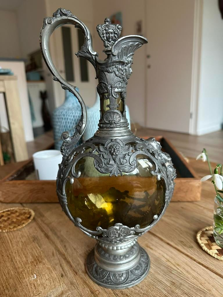 Antieke 19e eeuws Theresienthal glas tin karaf J. Lichtinger, Antiek en Kunst, Ophalen of Verzenden