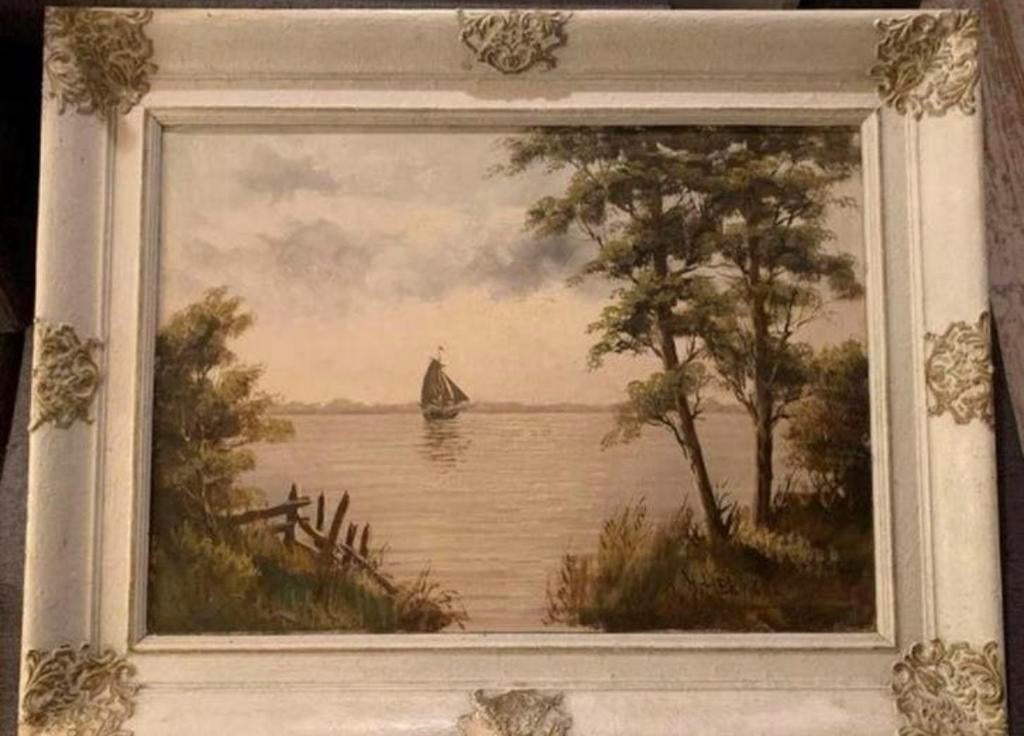 Schilderij H Hermans Olieverf Doek zomers plasgezicht, Ophalen