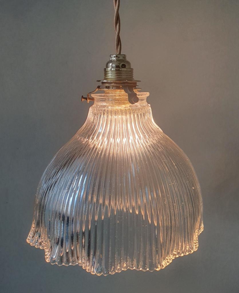 Vintage, antieke Holophane hanglamp, Art deco, gegoten glas, Gebruikt, Antiek, vintage, art deco, Ophalen of Verzenden, Glas