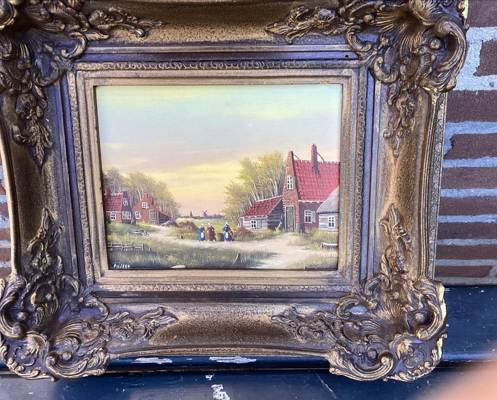 Mooi oud schilderijtje met lijst gesigneerd door Kaiser39x44, Ophalen of Verzenden