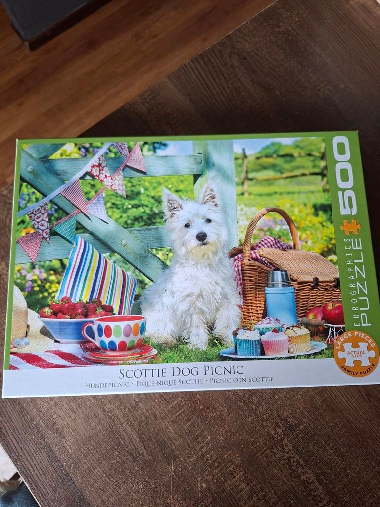 Eurographics Scottie Dog Picnic Puzzel 500 xl stukjes, Ophalen of Verzenden, 500 t/m 1500 stukjes, Zo goed als nieuw, Legpuzzel