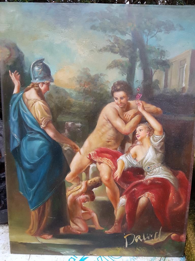 Groot Olieverf/Paneel Schilderij, gesign. "Bijbels Tafereel", Antiek en Kunst, Ophalen of Verzenden