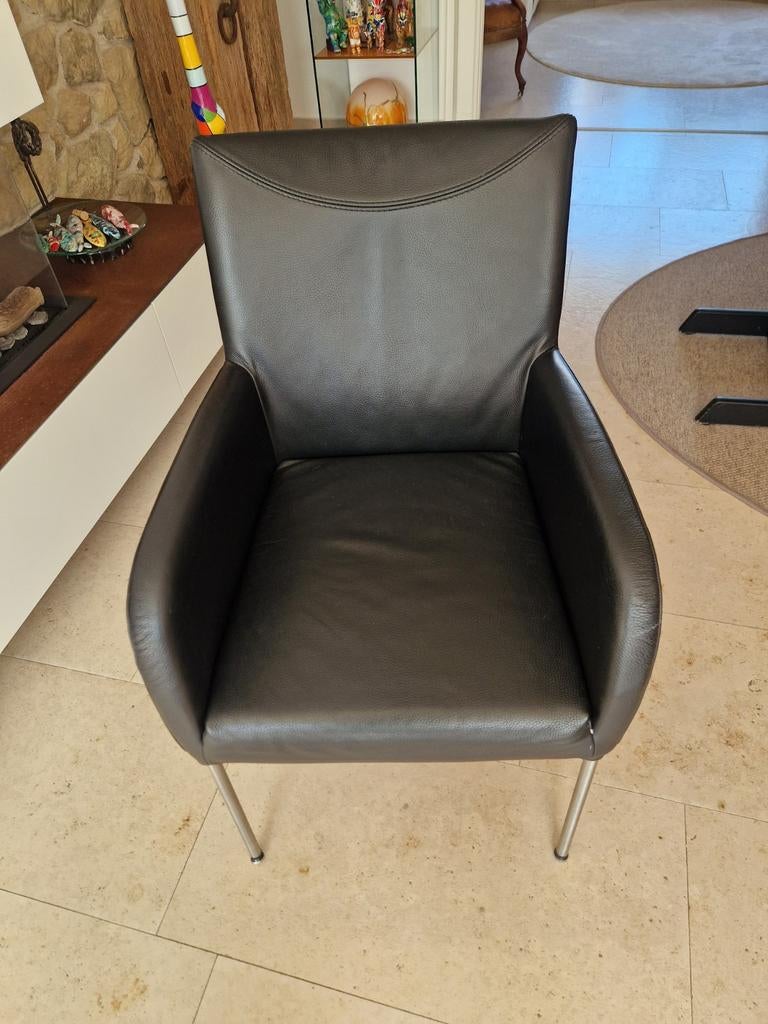 Bert Plantagie 6 zwarte leren eetkamerstoelen, Ophalen of Verzenden, Zo goed als nieuw, Leer, 50 tot 75 cm