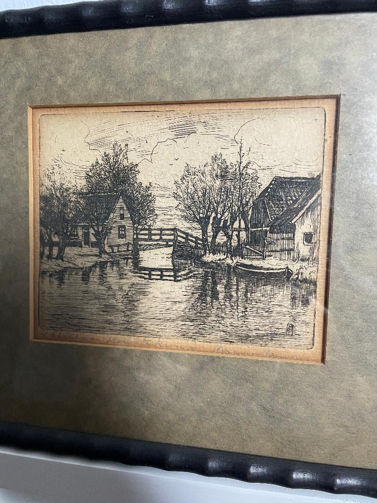 Schiedam huis te Riviëre - ets Marius Janssen, Antiek en Kunst, Kunst | Etsen en Gravures, Ophalen of Verzenden