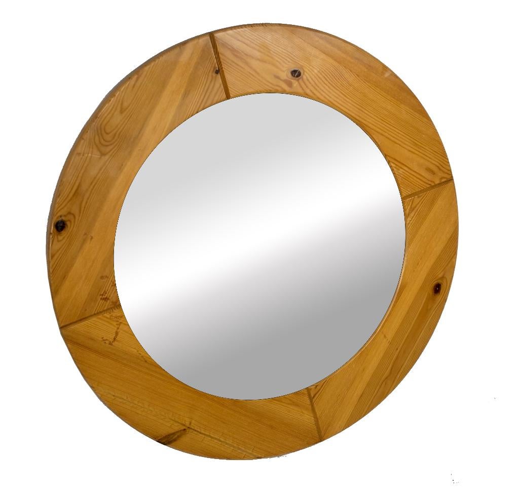 Vintage jaren 70 ronde grenen spiegel Zweeds design, Ophalen, Minder dan 50 cm, Gebruikt, Vintage Spiegel
