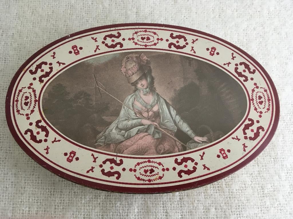 Oud koekjesblik Delacre met fraaie nostalgische afbeelding, Verzamelen, Verzenden, Gebruikt, Overige, Overige merken