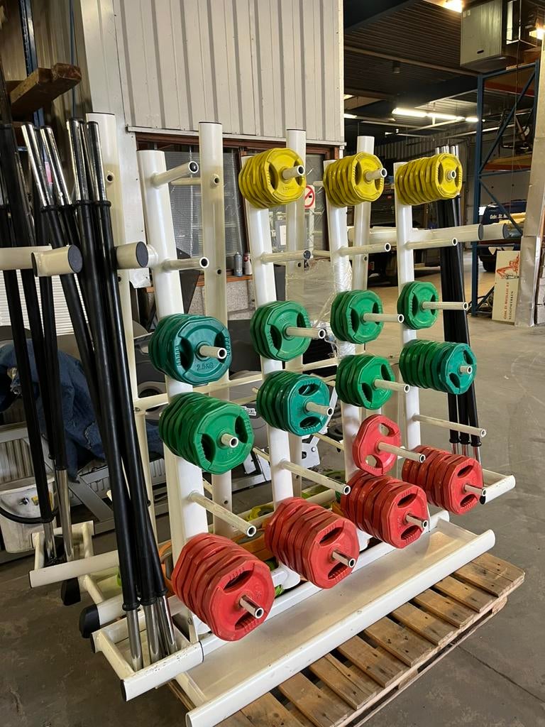 15 x bodypump set stang met  gewichten en rek, Ophalen, Gebruikt, En rek, Halterset