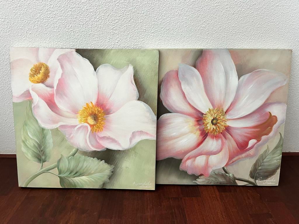 Bloem op canvas (set van 2 stuks) - Riverdale Collection, Gebruikt, 50 tot 75 cm, Ophalen of Verzenden, Schilderij
