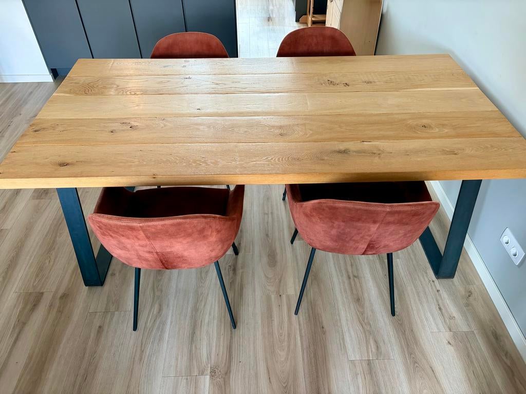 Eiken eettafel 200x100cm met stalen onderstel, Huis en Inrichting, Tafels | Eettafels, Ophalen, Gebruikt, 100 tot 150 cm, Eikenhout