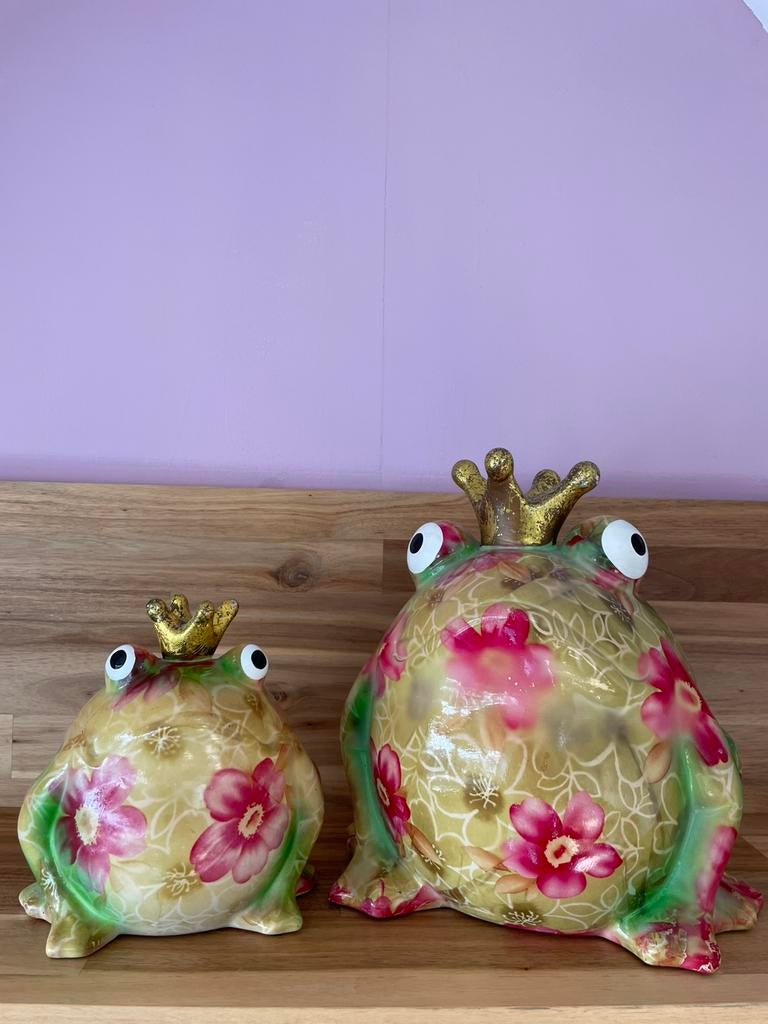 2 super leuke kleurrijke kikker pompidou spaarpotten M en L, Ophalen of Verzenden, Zo goed als nieuw, Steen, Aardewerk of Keramiek