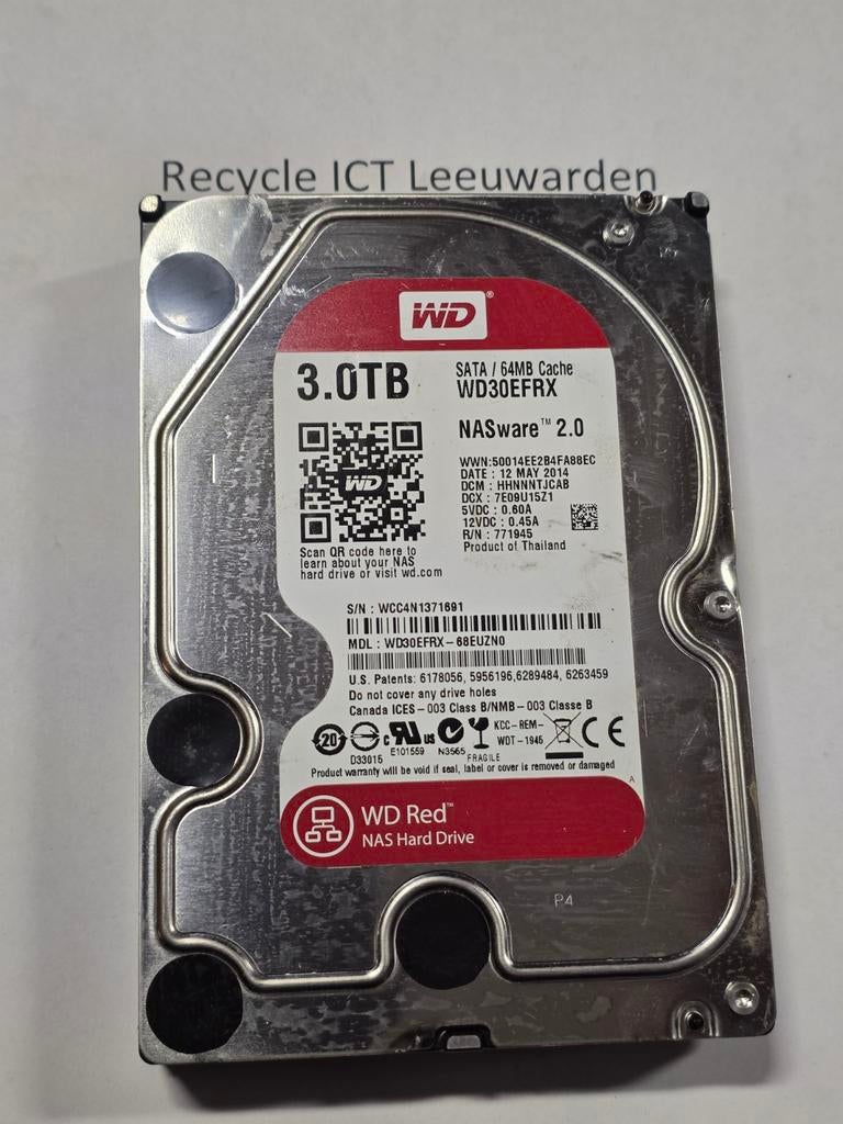 Western digital red 3tb 3000gb pc hdd hardeschijf, Intern, Gebruikt, Desktop, SATA