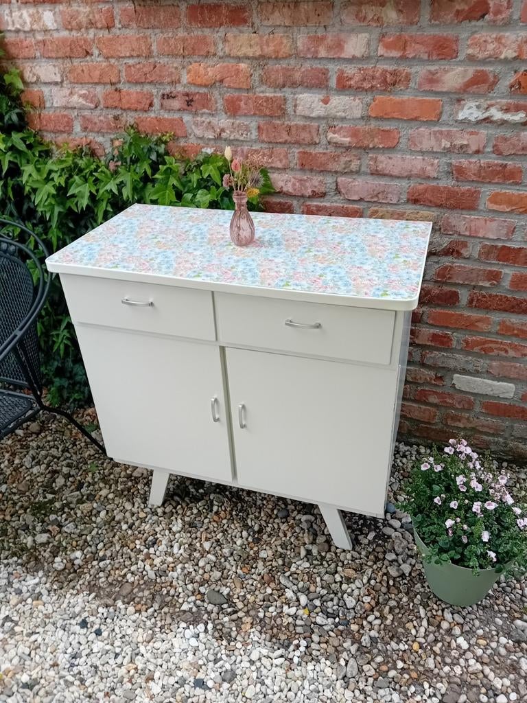 Vintage dressoir met bloemenprint blad, Ophalen, Vintage, Retro, Bloemenprint, Gebruikt, Met deur(en)