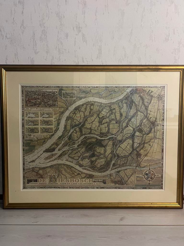 Historische kaart 'De Biesbosch' - Ingelijst, Boeken, Atlassen en Landkaarten, Ophalen of Verzenden, 1800 tot 2000, Nederland