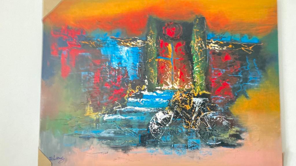 Handgeschilderd stadsgezicht Vietnam met fiets - Acryl, Ophalen of Verzenden