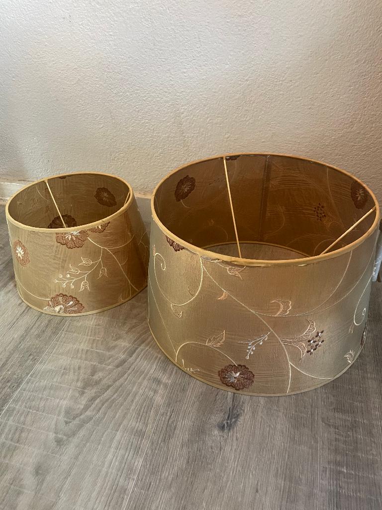 vintage grote brokaat geborduurd goud lampenkap satijn boho, Gebruikt, Rond, Ophalen of Verzenden, Bruin