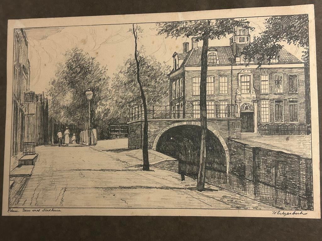 Pentekening van Dam en Stadhuis van Edam. H.Estgerbuh, Antiek en Kunst, Ophalen of Verzenden