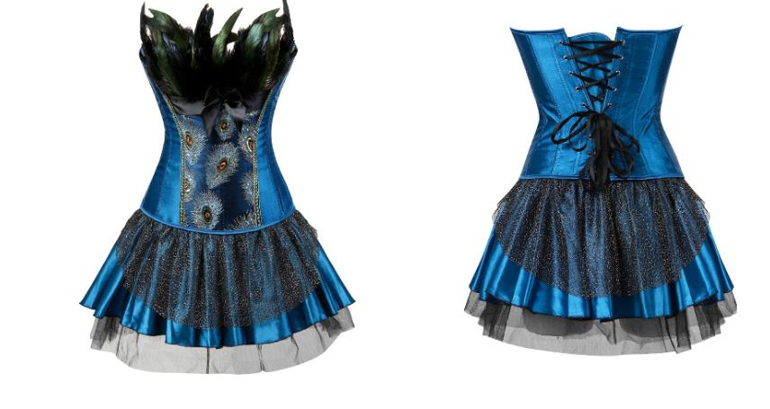 Blauwe veren korset jurk bustier burlesque moulin rouge, Maat 38/40 (M), Verzenden, Nieuw, Kleding