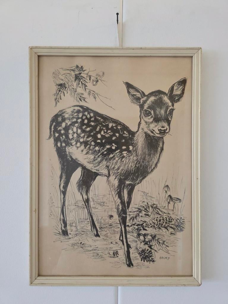 Vintage Cocky ingelijste prent hert retro wanddecoratie, Ophalen of Verzenden