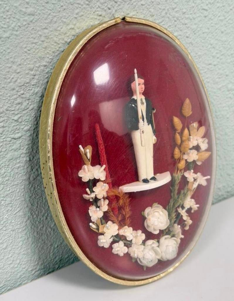 Antieke ronde stolp ovaal handgemaakt poppetje bloemen 1900, Antiek en Kunst, Ophalen of Verzenden