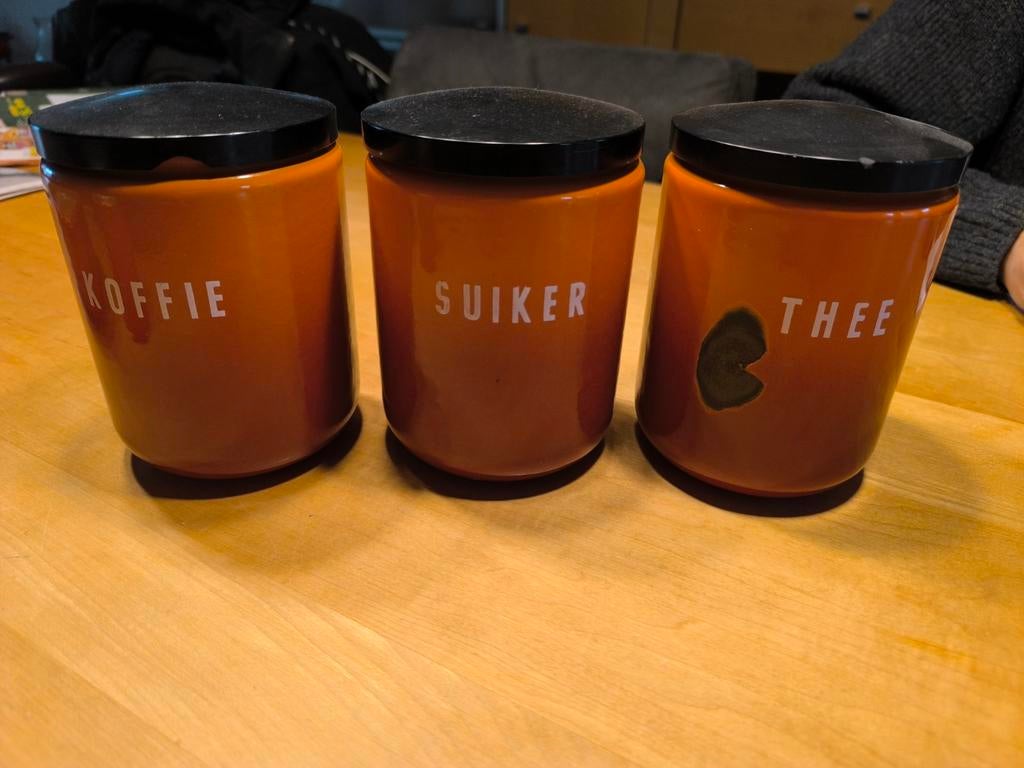 Vintage DRU oranje gevlamd emaille blikken en schaaltje., Ophalen of Verzenden, Gebruikt