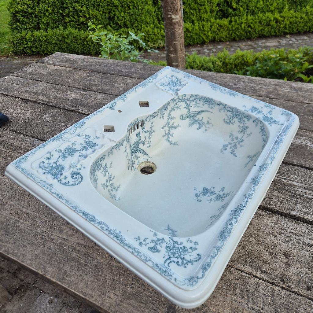 67,5x48,5 Unieke antieke wastafel turquoise blauw decor pauw, Antiek en Kunst, Ophalen