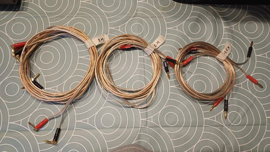 3 sets luidsprekerkabel 1.5mm² + vergulde banaanstekker aan, Ophalen of Verzenden, Nieuw, 2 tot 5 meter, Luidsprekerkabel