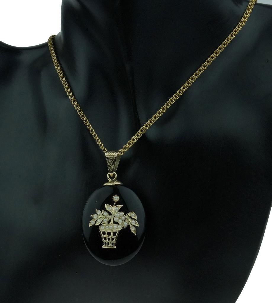 Bloemen mand onyx antieke 14k gouden hanger medaillon foto, Sieraden, Tassen en Uiterlijk, Antieke sieraden, Verzenden, Goud, Hanger