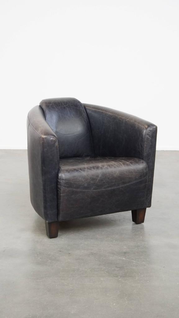 Zwarte rundleren Aviator fauteuil met een strak design, Ophalen, Gebruikt, ., Design