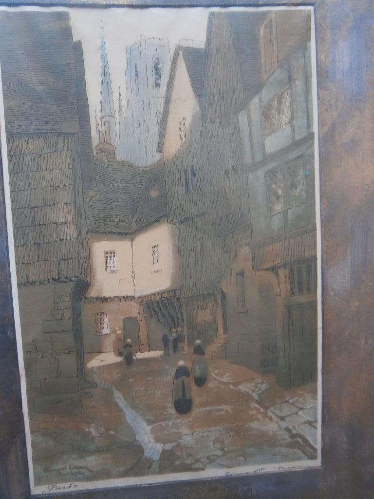 E.UDEN, Ets Parijs Straatbeeld mensen in Klederdr naar kerk, Antiek en Kunst, Kunst | Etsen en Gravures, Ophalen of Verzenden