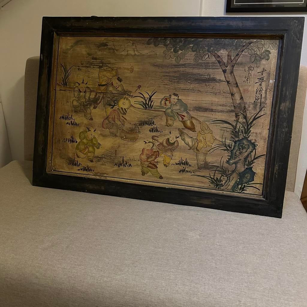 Schilderij Chinese zotjes met zwarte lijst, Antiek en Kunst, Ophalen of Verzenden