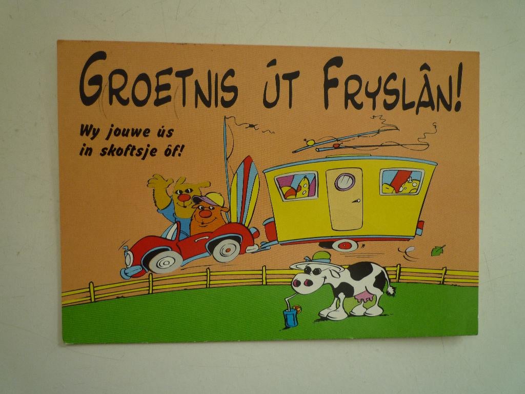 Grappige kaart groetjes uit Fryslan Friesland koeien caravan, Ophalen of Verzenden, Voor 1920, Friesland