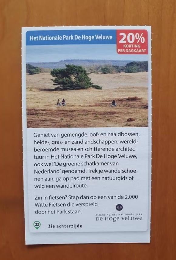 Het Nationale Park De Hoge Veluwe 20% korting per dagkaart, Tickets en Kaartjes, Drie personen of meer, Kortingsbon