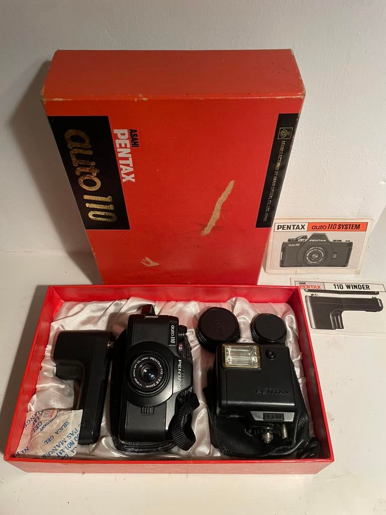 Pentax auto 110 set in doos, Ophalen of Verzenden, Gebruikt, Spiegelreflex, Pentax