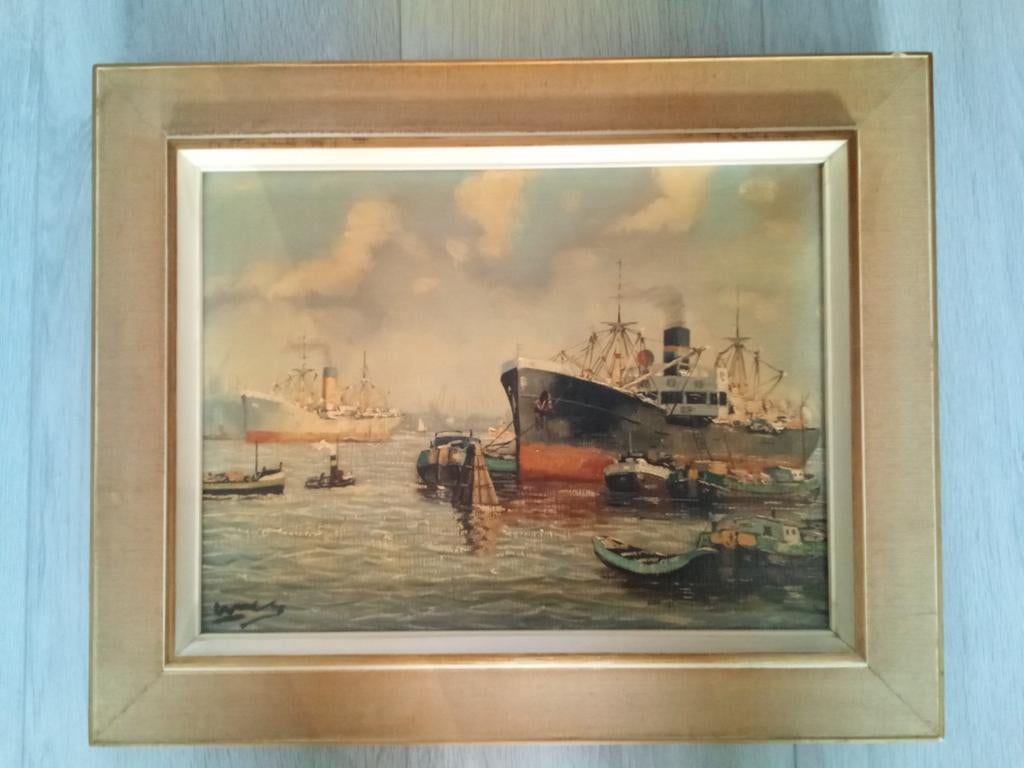 Schilderij met schepen in haven, Ophalen of Verzenden