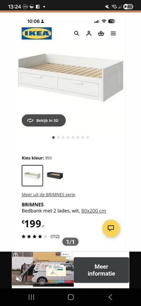 IKEA BRIMNES Bedbankit 80x200 cm zonder matras, Huis en Inrichting, Slaapkamer | Bedden, Ophalen, Gebruikt, Eenpersoons, Wit