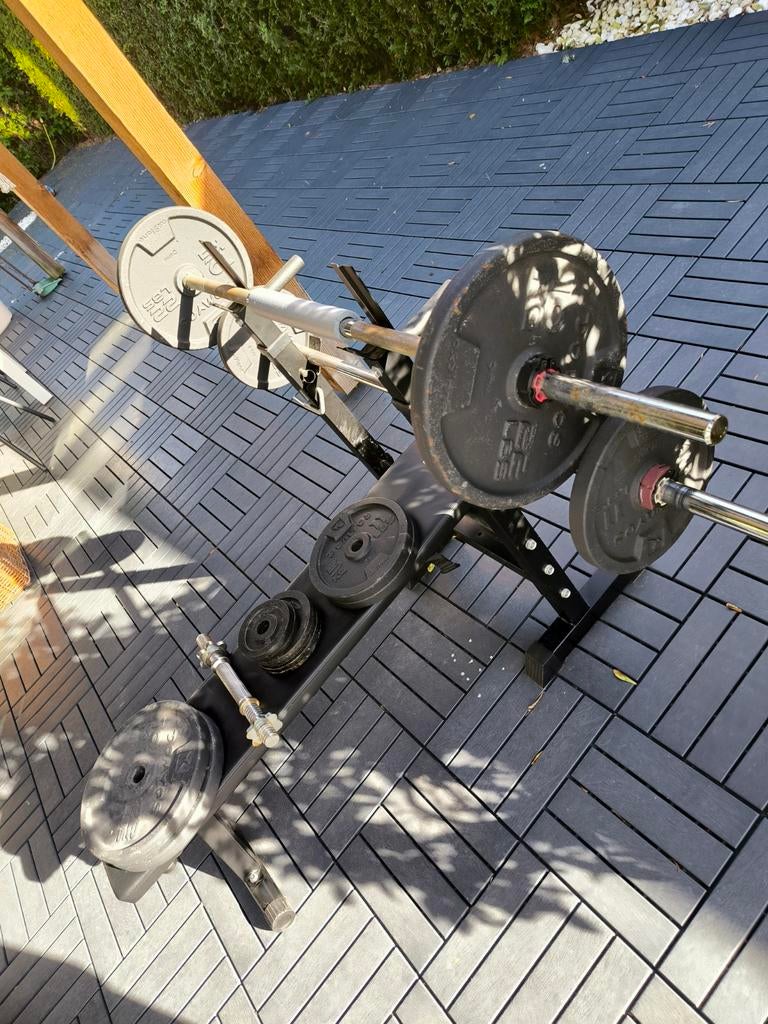 Complete halterbank set (Tectake + Decathlon 67 kg gewich, Ophalen, Zo goed als nieuw, Armen, Fitnessbank