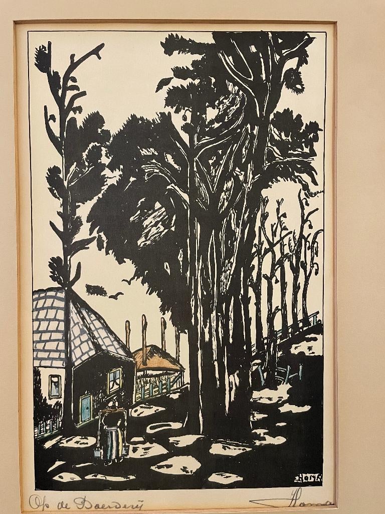 Hendrik (Henk) Homa (1908-1993) Houtsnede - Boerderij, Ophalen of Verzenden, Landschap, Houtsnede, 1950 - 1999