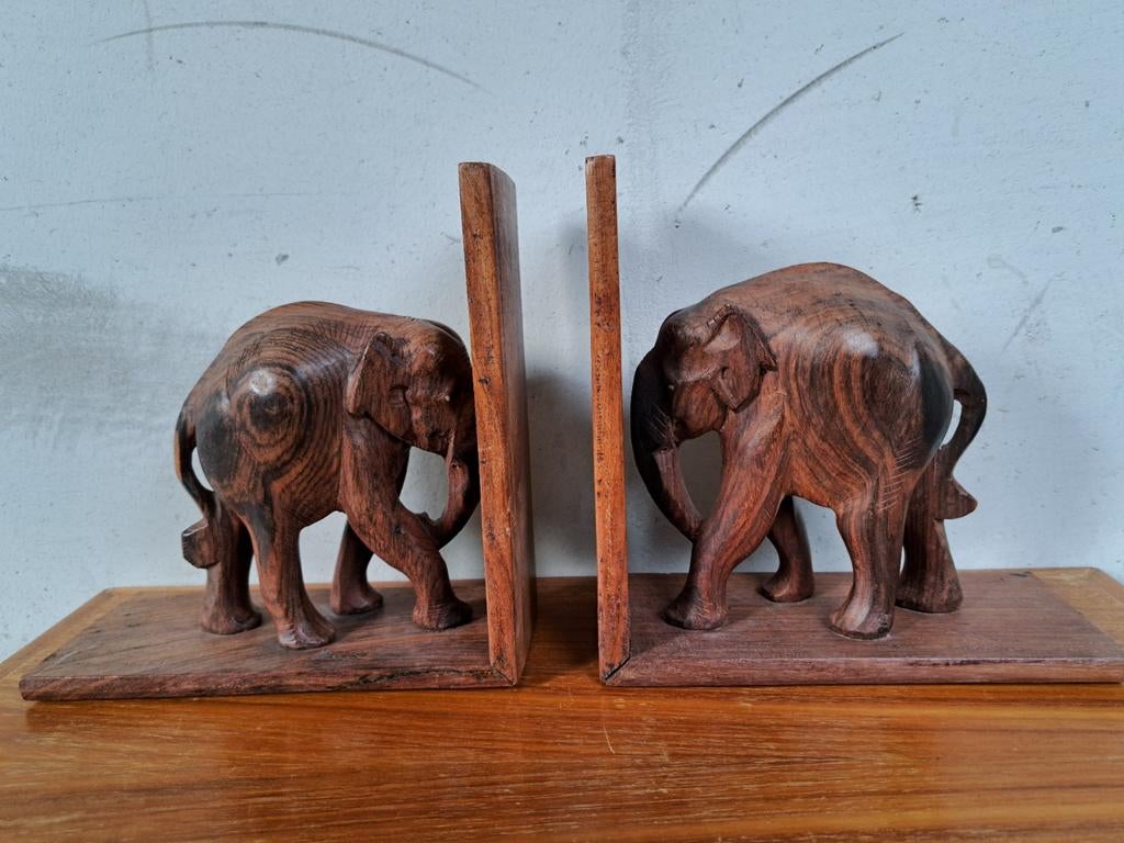 Vintage houten boekensteunen olifant jaren 50, Ophalen of Verzenden