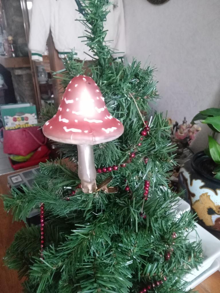 grote glazen kerstbal op clip paddestoel, Ophalen of Verzenden, Gebruikt