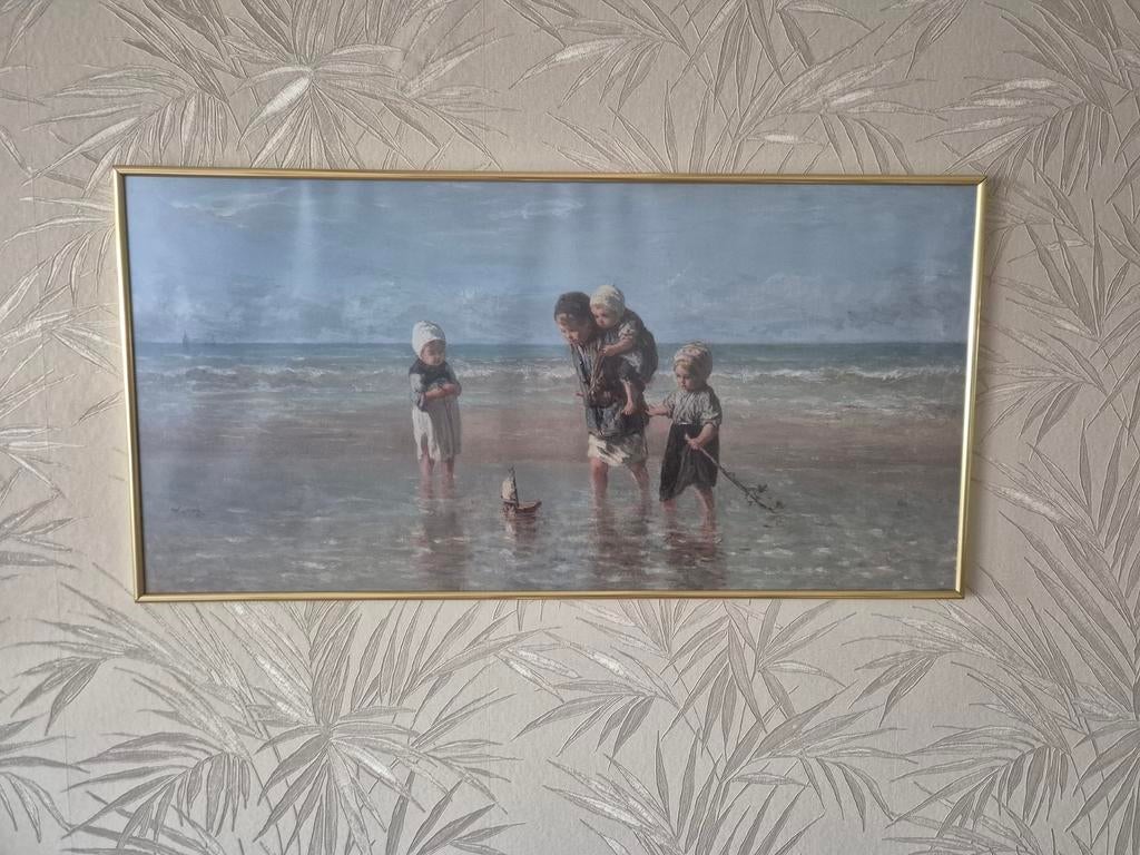 Jozef Israëls - Kinderen op Zee, Ophalen, 100 tot 125 cm, Schilderij, 50 tot 75 cm