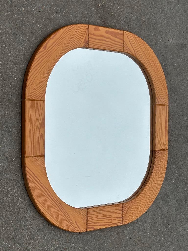 Vintage spiegel Jaren 70 Ovale Grenen Hout Zweeds Design, Ophalen, Minder dan 50 cm, Gebruikt, Vintage spiegel