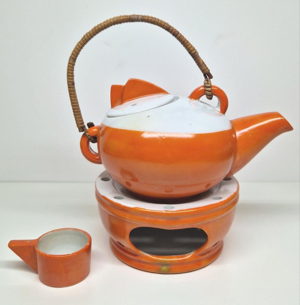 Art Deco / Bauhaus klein oranje theepotje met komfoor 1920., Ophalen of Verzenden