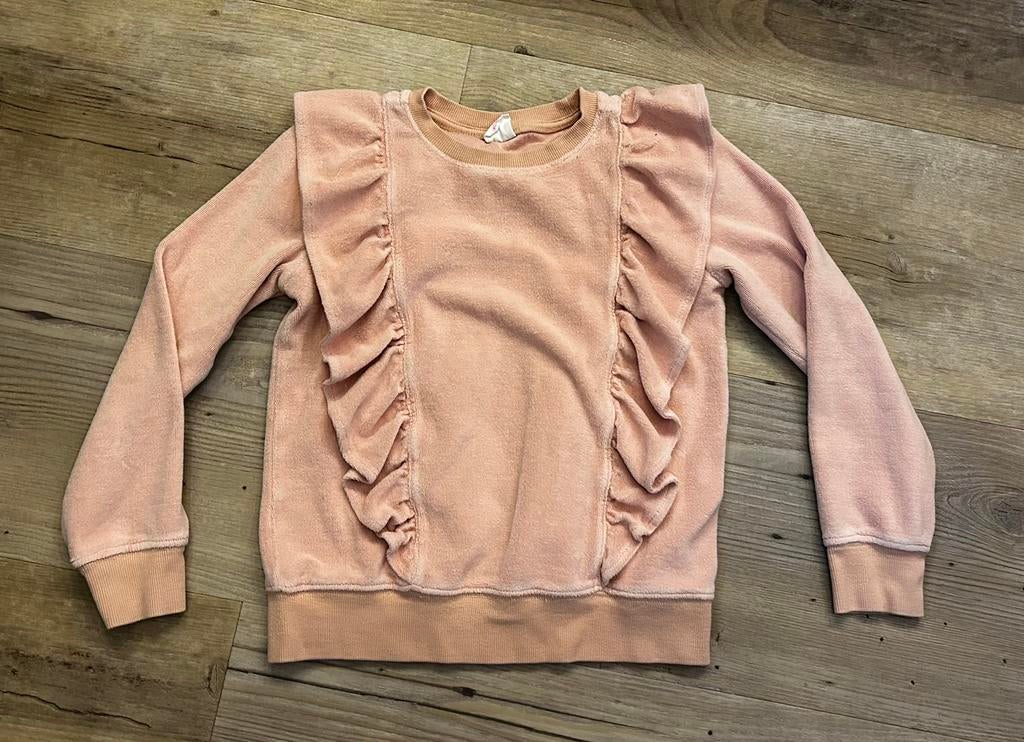 Hema roze velours trui ruffle 122-128, Ophalen of Verzenden, Zo goed als nieuw, Meisje, Trui of Vest