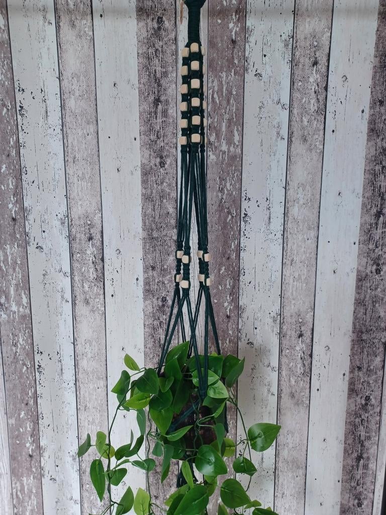 Macrame plantenhanger met kralen - 103cm, Groen, Boho, Nieuw, Ophalen of Verzenden