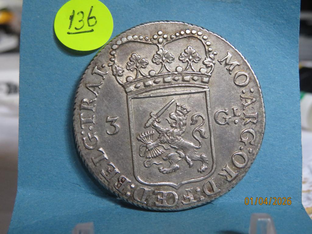 no,136- UTRECHT 3 Gulden 1793 Pracht munt, Vóór koninkrijk, Zilver, Losse munt, Overige waardes