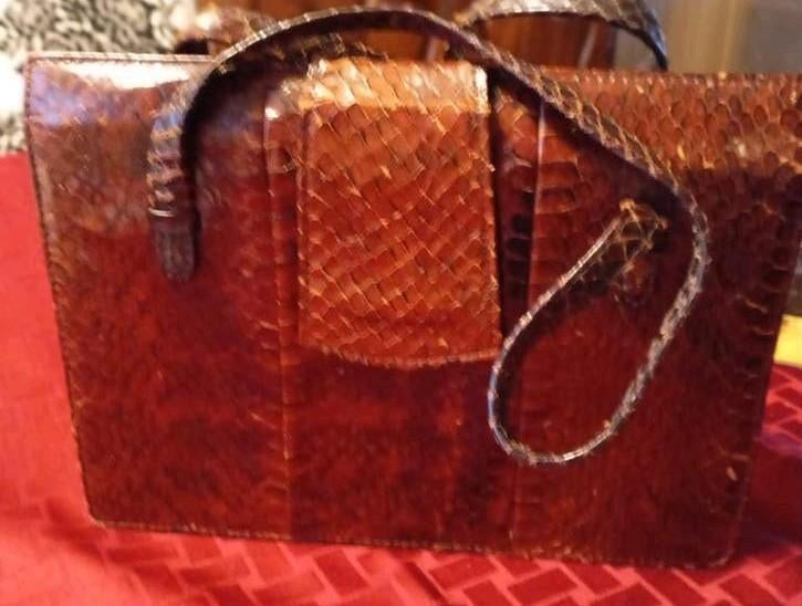 Bruin vintage tasje van slangenleer, Ophalen of Verzenden, Gebruikt, Bruin, Schoudertasje