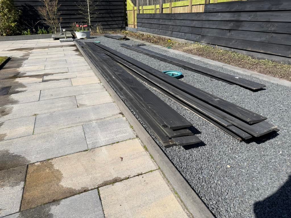 Zweeds rabat hout 15 meter zwart, Tuin en Terras, Palen, Balken en Planken, Ophalen, Zo goed als nieuw, 250 cm of meer, Planken