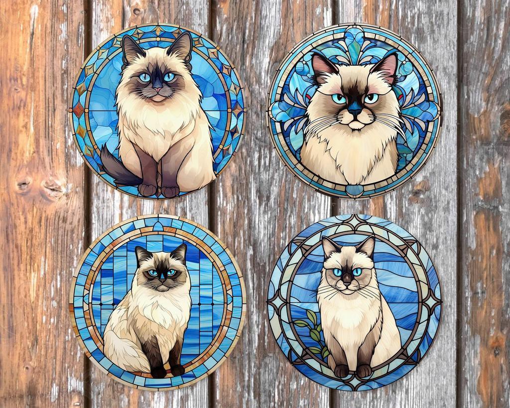 Heilige Birmaan Glas in Lood onderzetters met houder rond, Ophalen of Verzenden, Nieuw, Glas of Kopje