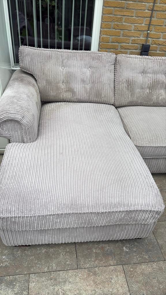 Comfortabele ribstof hoekbank - Grijs, Huis en Inrichting, Banken | Bankstellen, Gebruikt, Hoekbank, Vierpersoons of meer, 250 tot 300 cm